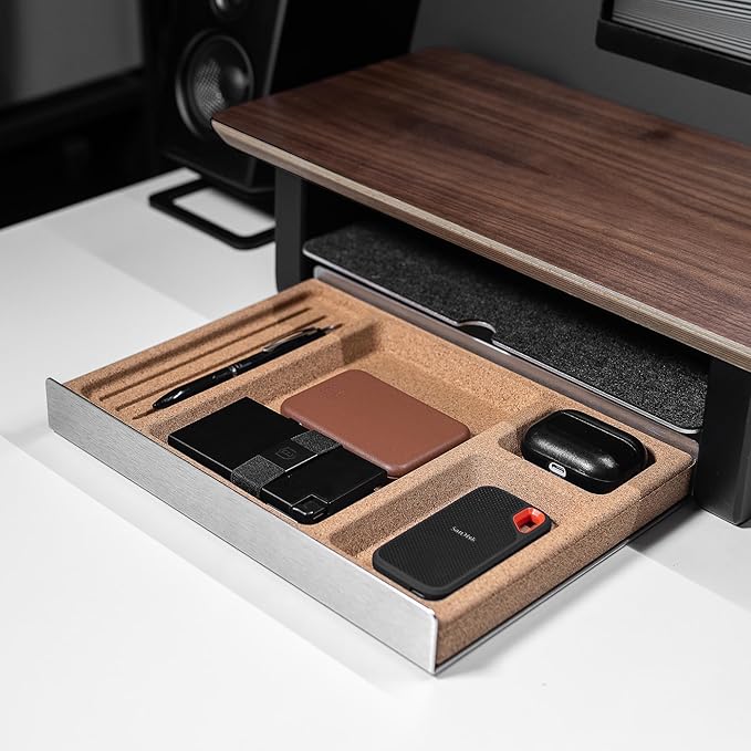 Raico Desk Shelf Mini Monitor Stand, Compact Walnut Wood Organiser, Small Desk Setup, Ergonomic Home Office Accessory (Walnut | 18.8 Inches)