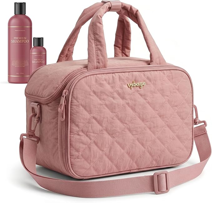 Lightweight Structured Travel Toiletry Bag for Women - Wide-Open Puffer Mini Duffel with Removable Divider, Waterproof Lining, Water-Resistant Exterior, Fits Full-Size Bottles & Shower Essentials