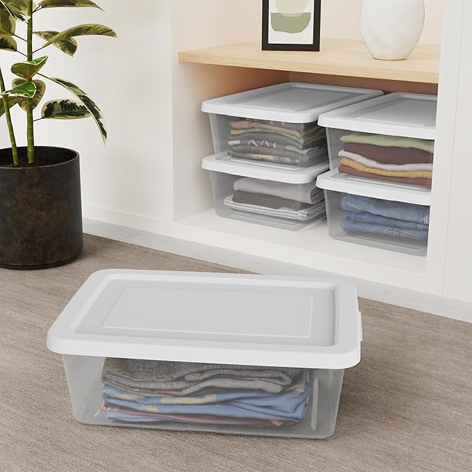 Sterilite 12-Pack Clear Storage Box, Stackable Container Bins with Lids, 12 Qt, White – Plastic Containers for Home, Closet, Bathroom, and Office Organization