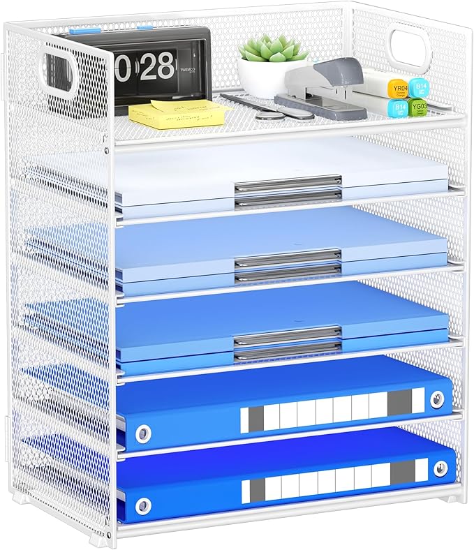 Paper Organizer for Desk with Handle, 6-Tier Metal Mesh File Organizer | Stackable Letter Tray for Office Documents & Stationery Storage