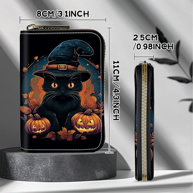 Cute Credit Card Holder with Zipper, Black Cat Halloween RFID-Blocking Card Case Small Wallet for Women Men, Multi-slot Card Organizer Case Travel Accordion Wallet