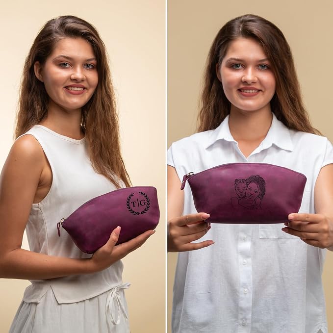 Blade Premium Personalized Genuine Leather Cosmetic Makeup Bag - Wedding Gift for Bridesmaid, Travel Organizer Clutch for Women with Zipper Pouch for Toiletry Essentials (Purple)