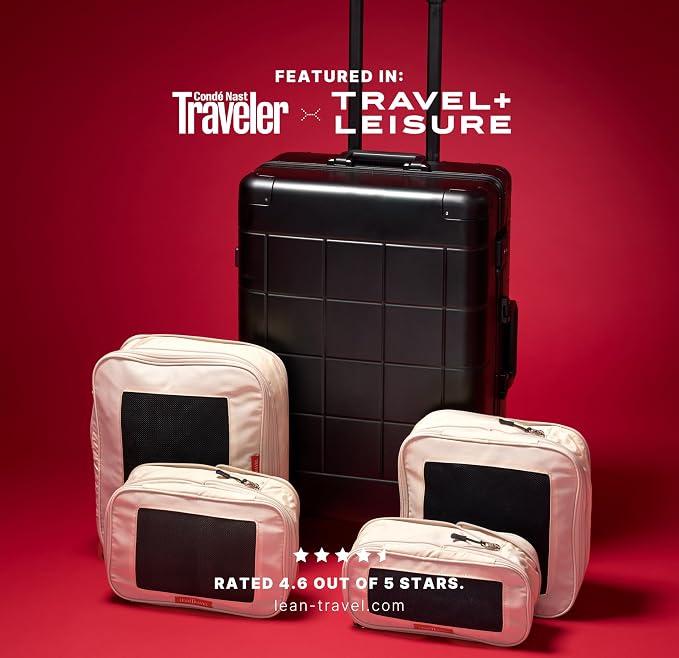 LeanTravel Premium Compression Packing Cubes for Travel - Suitcase Organizer Bags with Double Zipper & Breathable Mesh Panel - Space Saving Carry On Luggage Essentials (4-Pack, Sand)