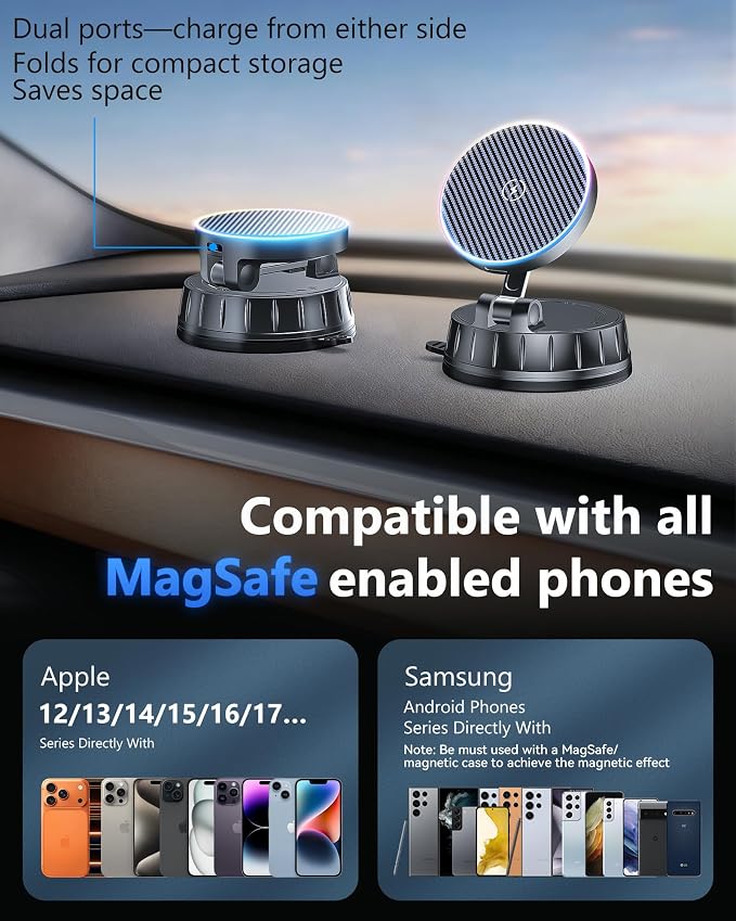 15W MagSafe Car Charger Mount, Magnetic Wireless Car Phone Holder with Dual Input Port, Vacuum Suction & Nano Adhesive Base, 360° Rotation Stable Car Charging Stand for iPhone 12-17, Samsung S26