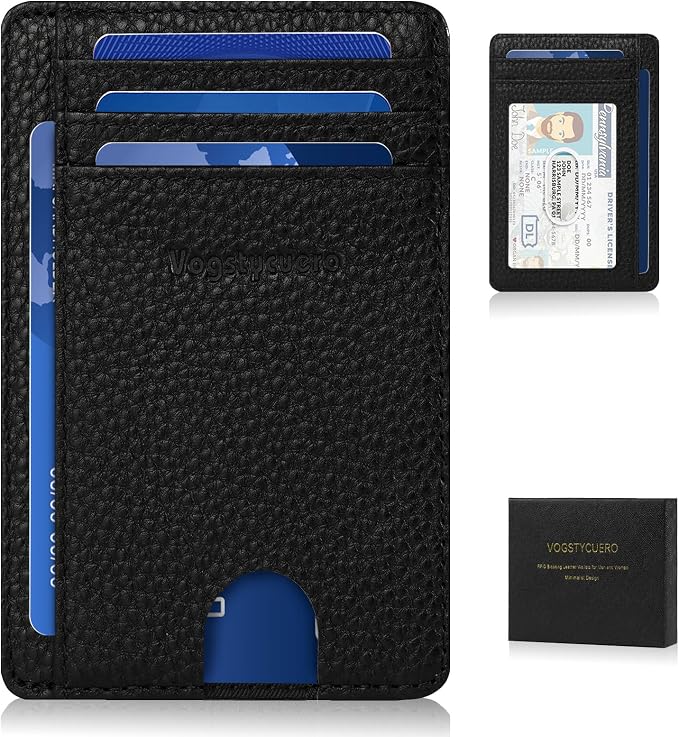 Slim Minimalist Front Pocket Thin Wallet RFID Blocking 100% Genuine Leather Credit Card Holder for men Women, with Gift Box-Lichee Black