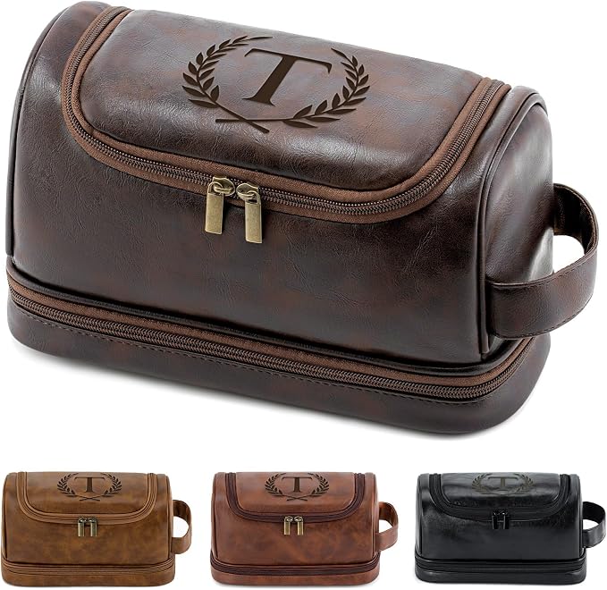 Personalized Hanging Travel Toiletry Bag for Men, Engraved Monogrammed Initial Shaving Bag for Toiletries Accessories Anniversary Cool Gifts for Men Husband Boyfriend Him, Dark Brown T