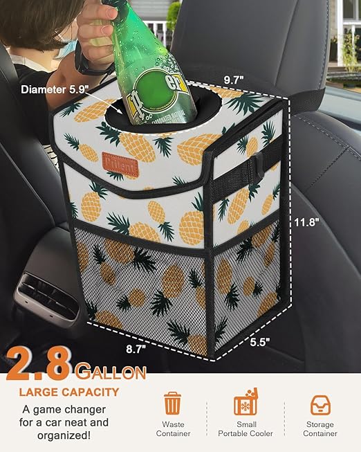 Pritent Car Trash Can with Lid, Cute Leakproof Car Trash Garbage Bag Hanging Vehicle Trash Bin Small Portable Automotive Garbage Cans Organizer for Back/Front Seat/Console(2.8 gal,Pineapple Print