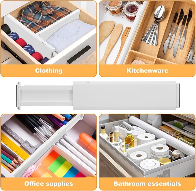 5 Pack Drawer Dividers, 4 Inch High Adjustable Dresser Drawer Organizers, Expandable from 14.8-22 inch Separators for Clothes, Kitchen, Office, Bathroom Organization, White