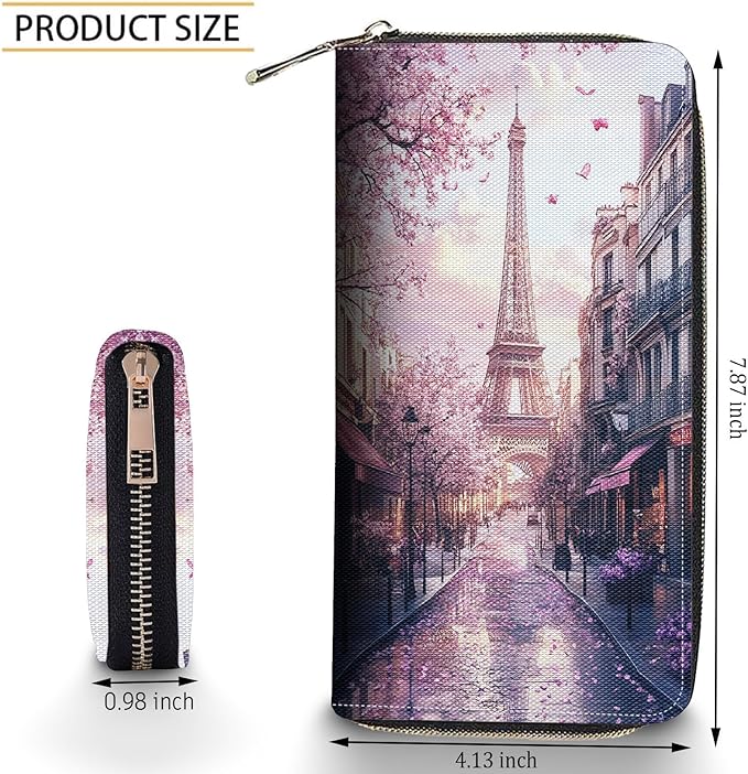 Bxgolkgd Womens Wallet, RFID Blocking Leather Wallet,Large Capacity Wallet Credit Card Holder PU Leather Ladies Clutch with Zipper Coin Pocket - Paris Eiffel Tower Sakura