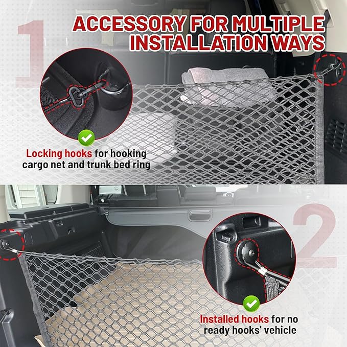 RED WOLF Envelope Style Cargo Net for 2011-2022 Jeep Grand Cherokee Wrangler Commander TJ TL Compass Trunk Bed Grocery Net Elastic Mesh Organizer Storage Net SUV Rear Tailgate Netting 43.3" x 15.7"