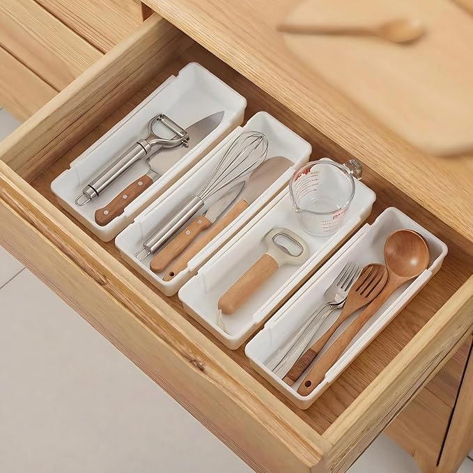 Drawer Organizers Set | 4-Pack Expandable Drawer Dividers for Bedroom, Bathroom, Kitchen & Office | Plastic Drawer Trays with Adjustable Length (White)