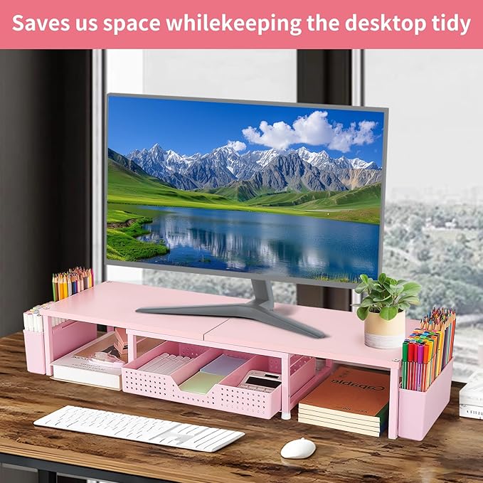 OPNICE Desk Organizers and Accessories, Dual Monitor Stand Riser with Drawer and 2 Pen Holders, Desk Shelf Wood Computer Racks for Office Workspace Organizers, Desktop Organization (Pink Wood)