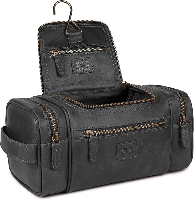 LEATHER VILLAGE Genuine Leather Travel Dopp Kit for Men & Women – Large Capacity Hanging Toiletry Bag with Water-Resistant Lining – Ideal for Travel, Grooming & Gym - Black