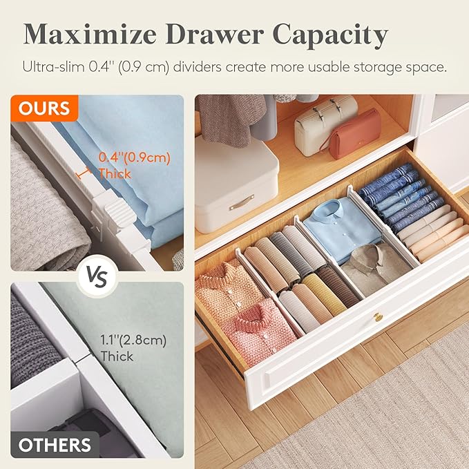 Lifewit 5" Tall 4 Pack Drawer Dividers, 30-47cm/11.5-18.5" Expandable Drawer Divider for Clothes, Adjustable Dresser Drawer Organizers, Drawers Separators for Dresser/Bathroom/Closet/Kitchen White