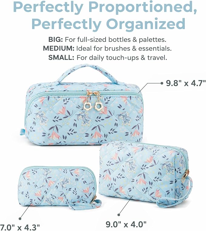 YTL Travel Makeup Bag, Puffer Cosmetic Bag for Women, Waterproof Puffy Padded Make Up Bags, Flat Open Portable Organizer Case Toiletry Bag Pouch Purse for Skincare, Brushes & Travel Essentials