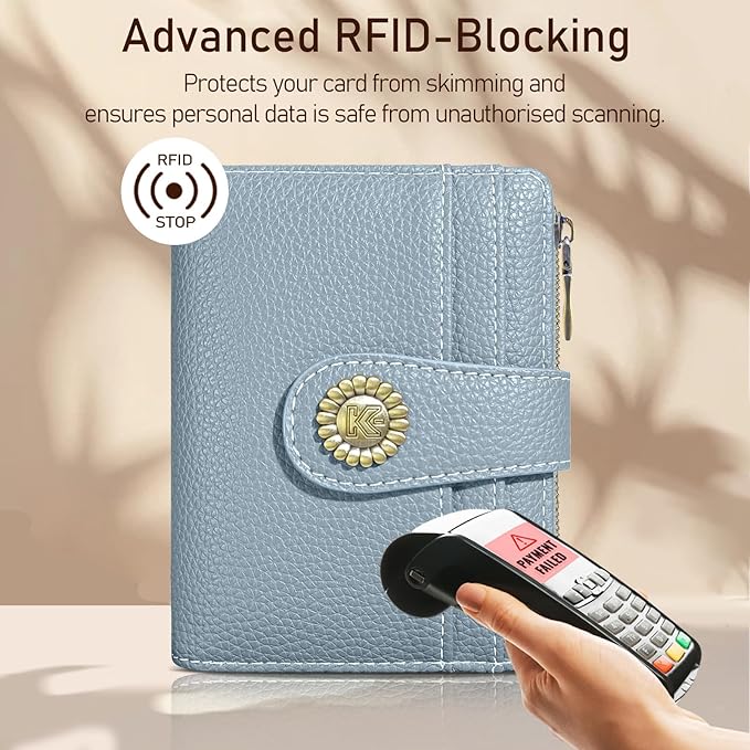 Kelvoris Small Rfid Women Wallet Bifold Zipper Coin Pocket PU Leather Compact Cash Credit Card Holder Travel Wallet for Female Ladies Teen Girls 1 ID Window 10 Card Slots Blue