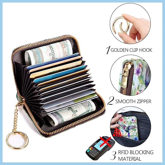 Blusabaca Credit Card Holder for Women, Bird Small RFID Blocking Wallet with Wristlet Strap, Keychain Wristlet Zipper Women Wallet, Leather Card Case, Accordion Card Wallet Purse with Key Lanyard