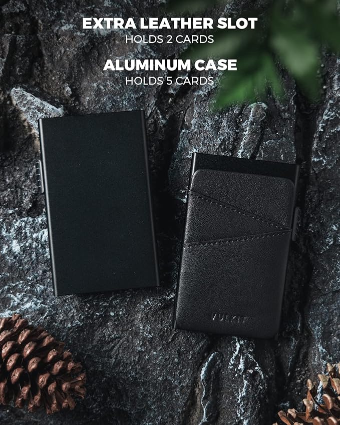 VULKIT Credit Card Holder Minimalist Slim Pop Up Wallet with Leather Slots RFID Blocking for Men and Women Holds 7 Cards and Notes Black