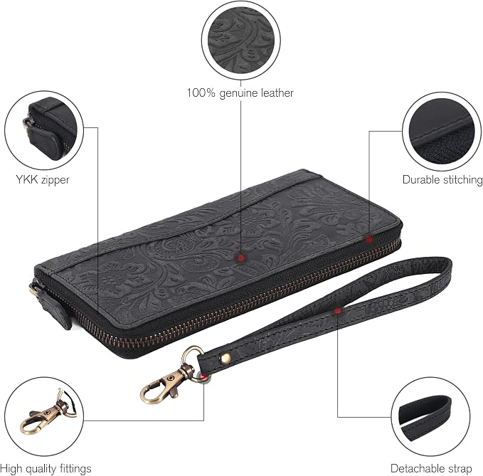 Oak Leathers Leather Wallet for Women - RFID Womens Wallet Clutch with 8 Credit Card Holder, Coin Pocket, Gift for Women’s, Ladies Purse (Hunter Embossed Black)