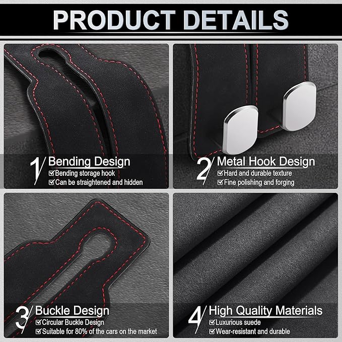 LivTee Headrest Purse Hook for Car, Seat Hook Hangers Storage Organizer for Bags and Coats Holder, Upgrade Leather Double Hook and Mobile Phone Holder for Universal Vehicle Car Accessories(Black-2PCS)