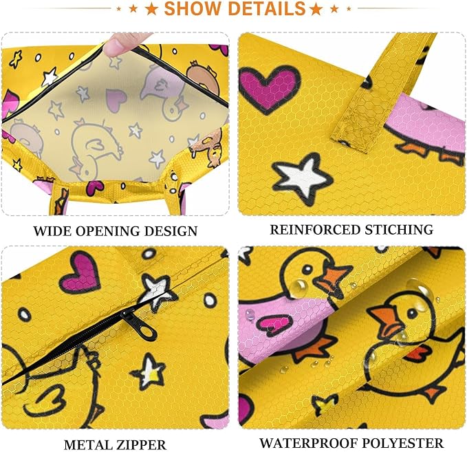 Travel Laundry Bags 2 PC Wet Dry Bag with Handle Dirty Clothes Organizer for Swimsuits Beach Camping Waterproof Washable Yellow Cute Ducks Hearts Stars