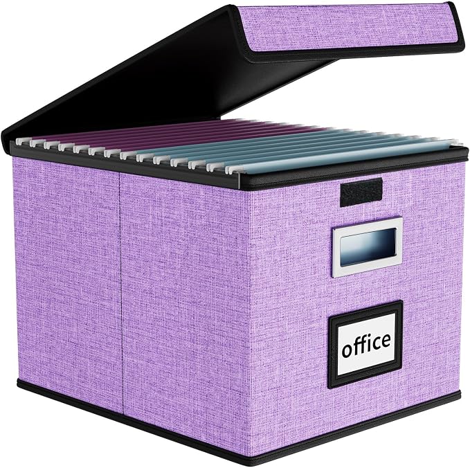 File Organizer Box with Lid, Collapsible File Folder Organizer for Office Document Storage, Filing Box with Plastic Slide for Letter Size Hanging File Folders(1 Pack, Lavender)
