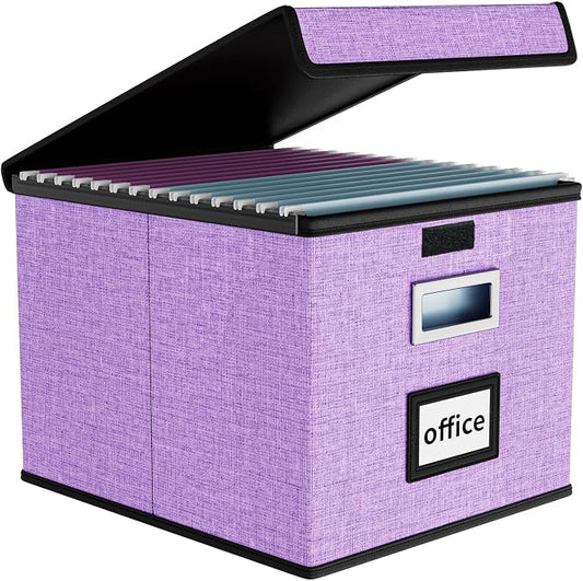 File Organizer Box with Lid, Collapsible File Folder Organizer for Office Document Storage, Filing Box with Plastic Slide for Letter Size Hanging File Folders(1 Pack, Lavender)