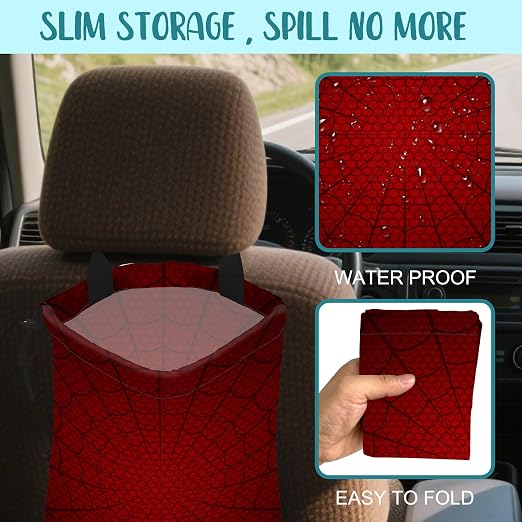 Car Garbage Bag Red Spider Web Drawstring Car Trash Bag Hanging for Back Seat with Adjustable Buckle Canvas Vehicle Trash Can Easy-to-Install
