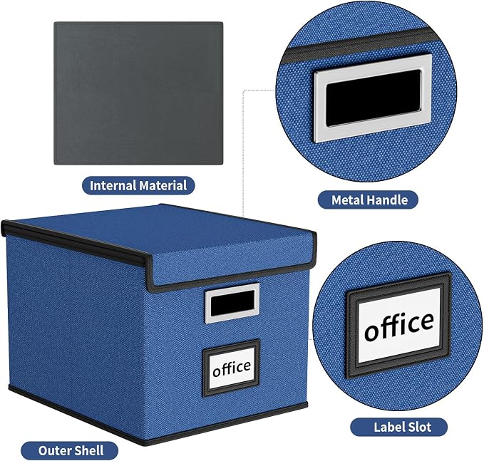 File Organizer Box with Lid, Collapsible File Folder Organizer for Office Document Storage, Filing Box with Plastic Slide for Letter Size Hanging File Folders(1 Pack, Royal Blue)