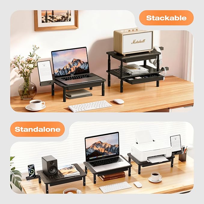 Computer Monitor Stand Riser with Storage, 3 Height Adjustable Laptop Desktop Monitor Stand with Drawer, Metal Short Printer Table, Stand Riser for Desk, Office Desk Organizers and Accessories, 2 Pack