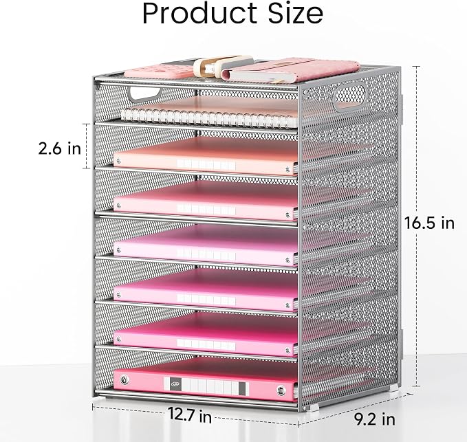 Lavatino 2 Pack 8-Tier Office Desk File Organizer, Letter Tray Paper Organizer with Handle, Including 5 Adjustable Slide Trays for Organizing Desk Workspace Accessories and Supplies (Silver Mesh)