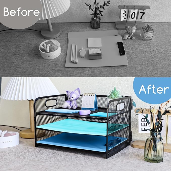 3 Tier Desk Organiser with Handle, Pull-Out Mesh File Organizer for Letter Tray Organizer Mesh Desk Organiser Tray Paper Storage Rack for A4 File Office Supplie, Black
