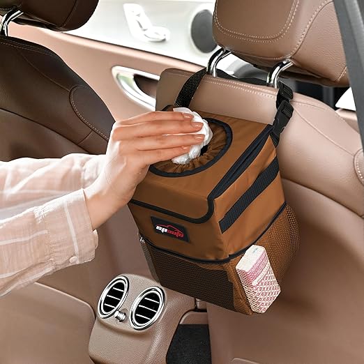 EPAuto Waterproof Car Trash Can with Lid and Storage Pockets, 2.5 Gallon Leakproof, Brown