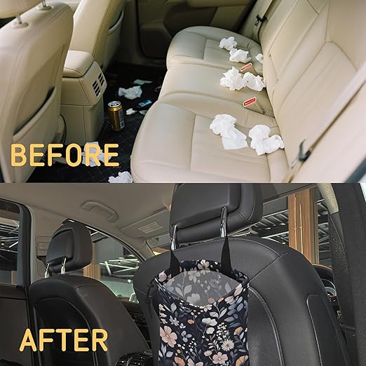 Watercolor Spring Floral Car Trash Bag, Hanging Drawstring Car Garbage Bag,Canvas Car Back Seat Organizer with Adjustable Buckle for Men and Women
