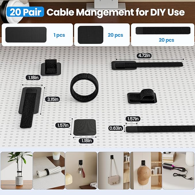 Under Desk Cable Management, 【Holds 15 Cables】【Ultra Adhesion】 Hook and Loop Cable Strap, Adjustable Long Cable Tie, Reusable Cable Clip Hiding, 20 Pairs