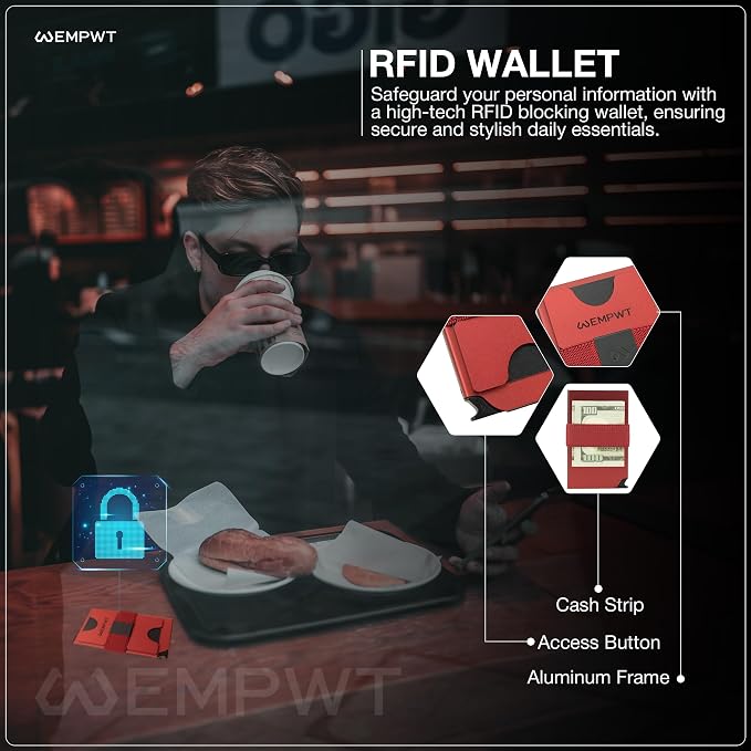 Aluminum Cardholder Wallet for Men-Metal Wallets with Advanced RFID Layer Protection | Slim & Minimalist Trendy Cardholder with Convenient Push Button for Quick Card Access (Red)