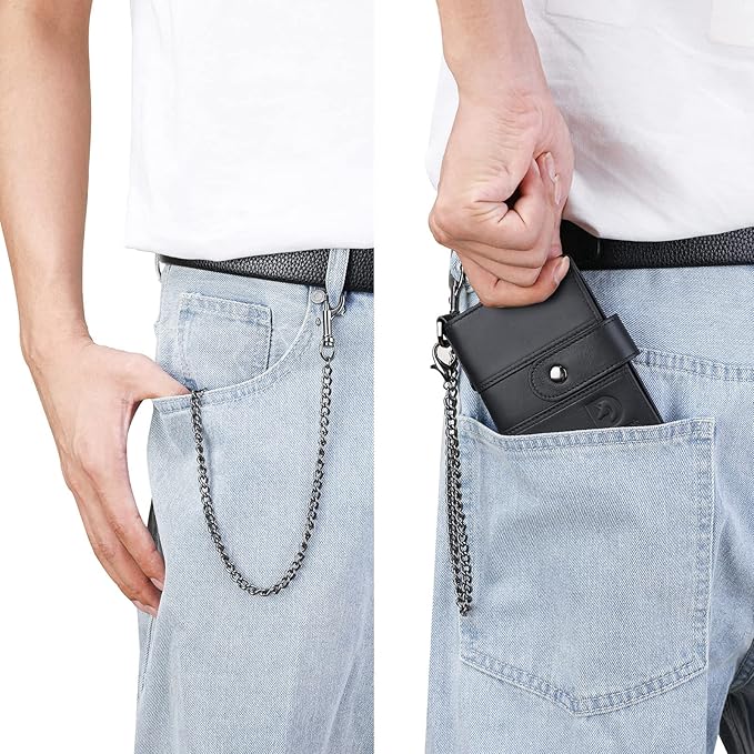 bill heart Chain Wallets for Men, RFID Blocking Genuine Leather Wallets with Anti-Theft Chain