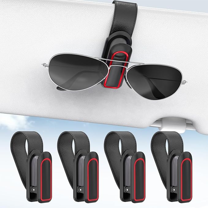 Veharvim Sunglass Holder for Car (2 Pack, One-Handed Operation, Gentle & Secure Hold, Silicone Padded, Universal Fits Sunglass and Car Visor) - Sunglasses Clip for Car Visor (Black & Red, 4 Pack)