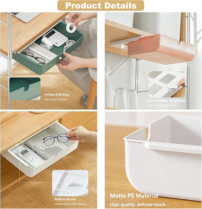 2 Pack Under Desk Drawer, Large & Medium Self-Adhesive Under Desk Organizer, Hidden Under Desk Storage Box Cosmetics Case Stick On Under Table Tray Holder for Cutlery, Office Supplies, Stationery