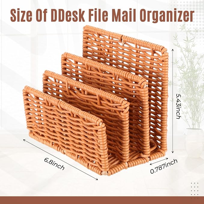 Rattan Mail Organizer for Desk Mail Holder Countertop with 3 Slot Rattan Letter Sorter File Holder Envelope Book Stand Office Desk Organizer and Storage Accessories