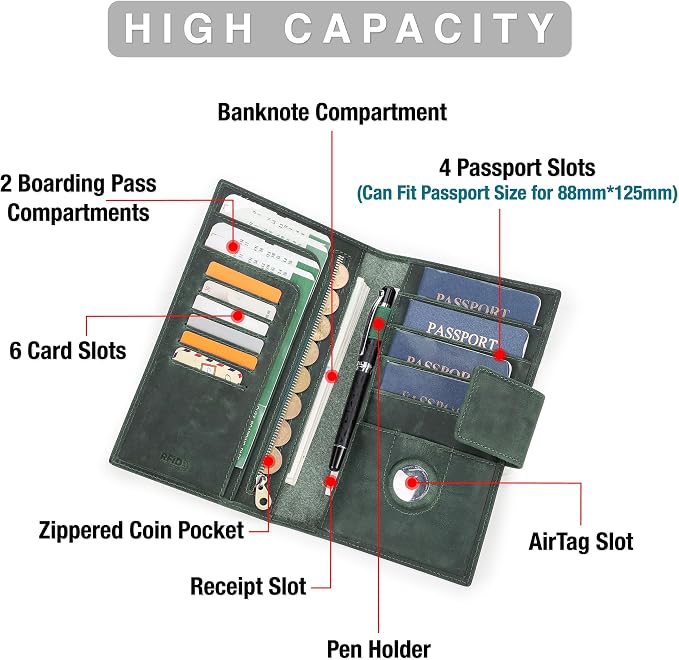 Top Grain Leather Travel Passport Wallet Holder for Man & Woman, Snap Button Design for 4 Passports & Multi Cards, RFID Blocking Large Capacity for Passports/Cards/Checks/Bills, Dark Green