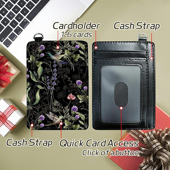 Small Travel Wallets, Wild Flower Hummingbird Slim Minimalist Front Pocket Wallet with Wristlet, RFID Blocking PU Leather Credit Card Holder with ID Window Change Purse for Men Women