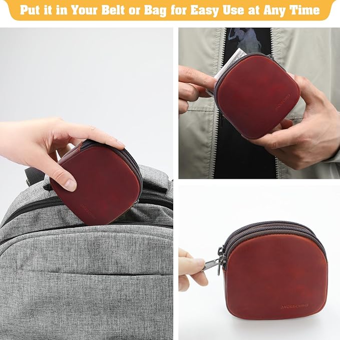 Jack&Chris Coin Purse for Men, Genuine Leather Mini Coin Wallet Zipper Pocket with Back Belt Loop, Coin Bag for Men