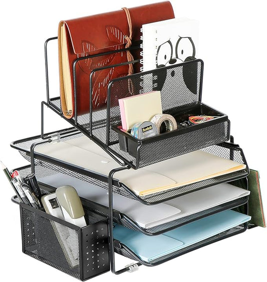 DESIGNA Stackable Mesh Desk Organizer with 3 Sliding Letter Tray Drawers, 4 File Holders Sorter Section, 2 Side Compartments, Pencil Holder Non-slip All In One Desktop Organizers Office Storage, Black