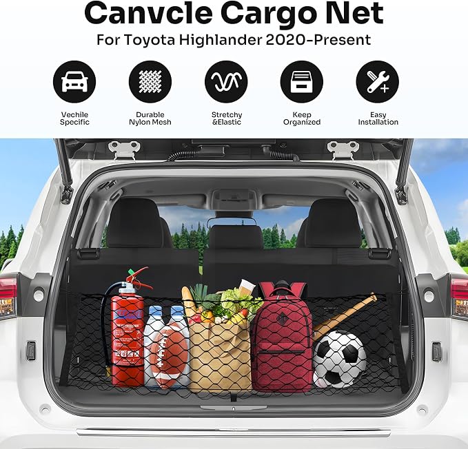 Canvcle Trunk Cargo Net for 2020-2026 Toyota Highlander Accessories Envelope Style Mesh Trunk Net Organizer and Storage Stretchable Adjustable Elastic Nylon Rear Cargo Netting with Hooks