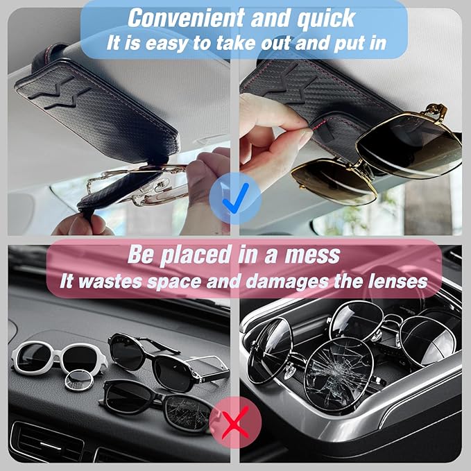 Car Sunglasses Holder - Visor Clip Style & Magnetic Plush Leather Construction Doubles as Credit Card & Fuel Card Box with Storage Pocket &Holds Sunglasses