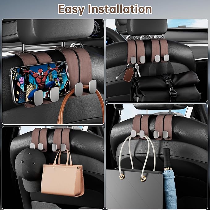 Car Purse Hook for Headrest - 2Pcs Headrest Hooks for Car Seat Back Storage,100% Leather Car Hanger with Metal Hooks,Suitable for Car Organizers and Storage,Seat,Bag,Purse(Brown)