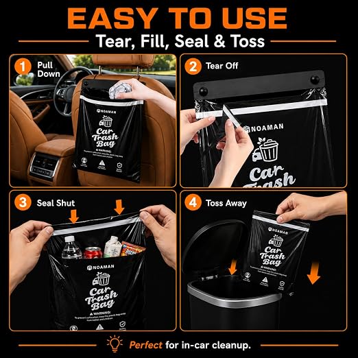 Noaman 50PCS 1 Pack Car Trash Bags, 2.5 Gal Disposable Garbage Bags for Car, SUV, Truck and RV, Leak-Resistant Odor-Control Bags, Stick-On or Headrest Mount, Alternative to Car Trash Can, Black