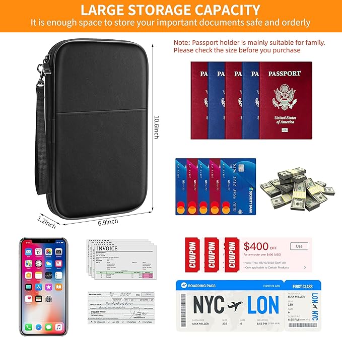 JUNDUN Family Passport Holder,Upgraded Material Fireproof Travel Passport Wallet with 2 Pockets,Travel Document Organizer Case for Passport,Card and Money