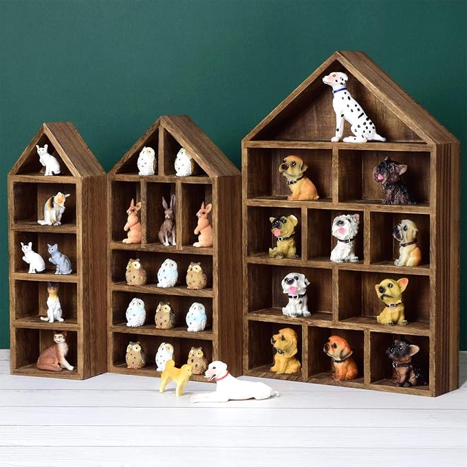 Ikee Design House-Shaped Wooden Shadow Cubby Box Display Shelf Organizer Storage Shadow Box for Mini Figures, Set of 3, Brown Color, 10 W x 2 1/4 D x 15 H in